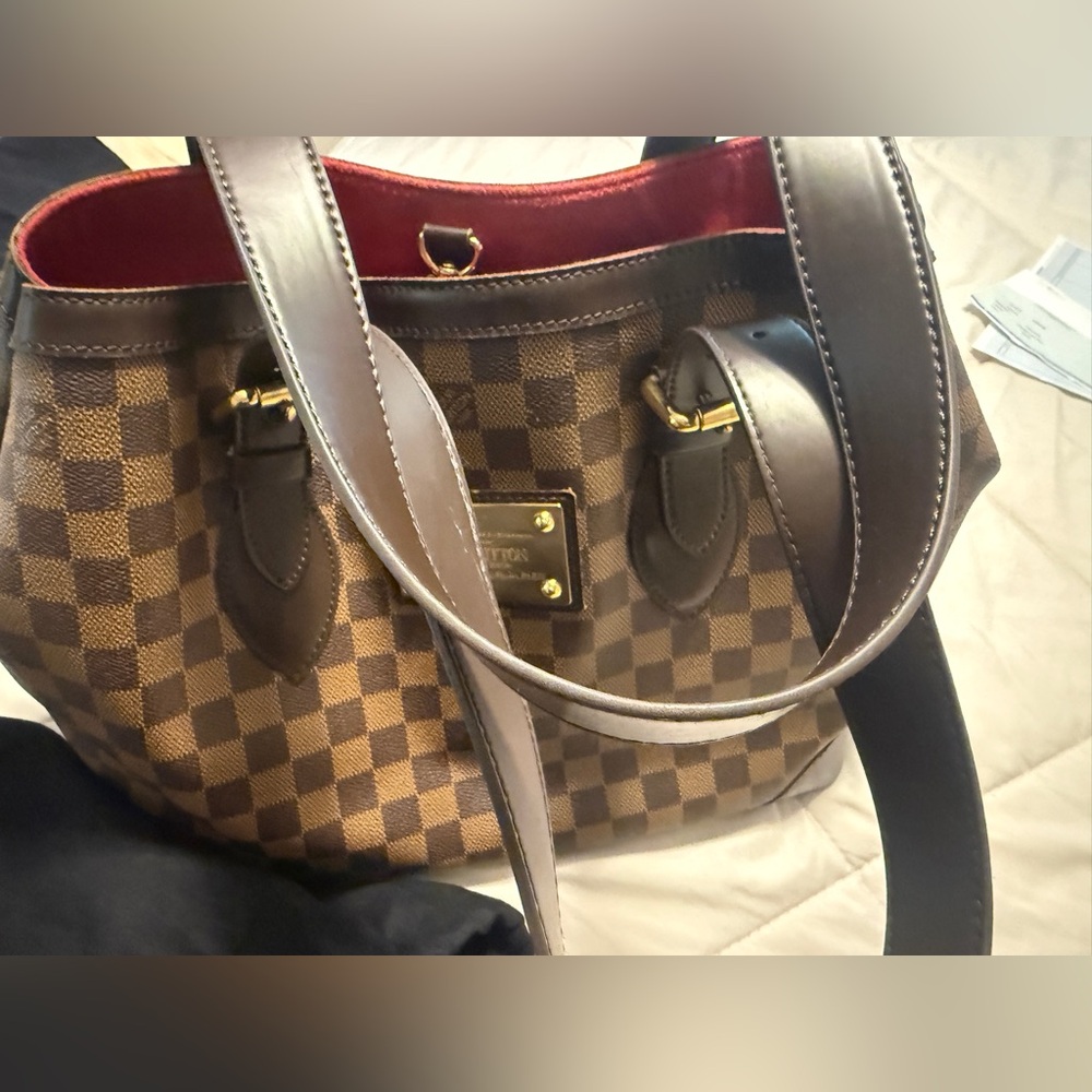 Brown Checkered Louis Vuitton Tote Bag with Red Interior